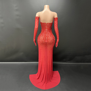 Novance Y4882-G <span class=keywords><strong>Abito</strong></span> da Sera <span class=keywords><strong>Elegante</strong></span> da Donna in Rete Trasparente Aderente con Strass Rosso e Guanti - Product Image 6
