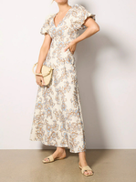 Robe longue élégante vintage à fleurs pour femmes 2025, col en V, manches bouffantes courtes, coupe ajustée, robe longue beige rétro, robe de soirée formelle