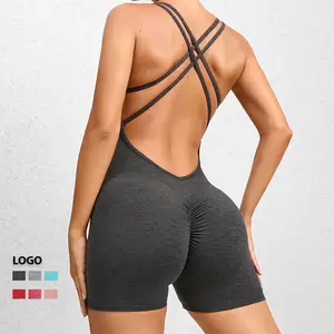 New Pleated Scrunch Butt Sports Unitard Cross Thin Strap Hollow Out Breathable One Piece Active Wear Women Gym Jumpsuits