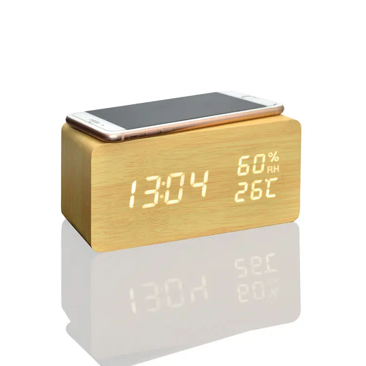 새로운 기술 디지털 무선 충전 알람 시계 나무 음성 제어 전자 데스크탑 시계 온도계