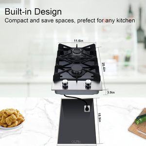 Table de cuisson au gaz propane à <span class=keywords><strong>2</strong></span> brûleurs, 12 pouces, GPL/GN, double combustible, intégrée, plaque de cuisson au gaz, verre trempé noir - Product Image 5