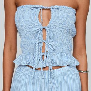 Conjunto Casual de 2 Piezas con Logotipo Personalizado, 100% Algodón, Pantalones Largos Holgados con Rayas Azules, Top Corto con Cordones, Tallas Grandes para Mujer - Product Image 5