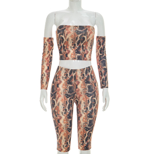 Viviblook D26ST206 Women <b>Set</b> <b>Sexy</b> Sleeveless New Snake Print Strapless Crop Top Skinny Cropped Pants <b>Set</b> With Sleeves - Product Image 2
