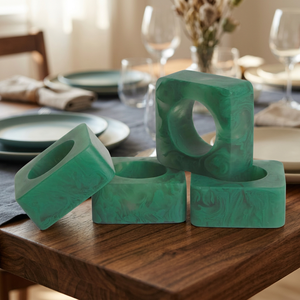 Deep Green <b>Square</b> Resin Party Napkin Rings Set Four Premium Marble Look <b>Table</b> Decor Elegant Contemporary Dining Accessories - Product Image 1
