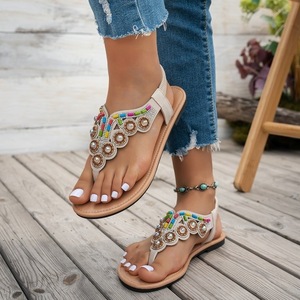 Sandales tongs bohèmes pour femmes, perles colorées, ornements en fausses perles, sangle élastique à la cheville, chaussures plates d'été - Product Image 4