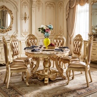 Ensemble de table à manger de luxe européen avec plateau tournant, cadre en bois massif sculpté doré, chaises en cuir PU, mobilier de salle à manger, vente en gros