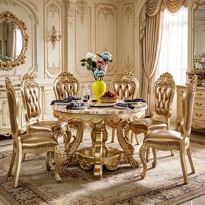 Ensemble de table à manger de luxe européen avec plateau tournant, cadre en bois massif sculpté doré, chaises en cuir PU, mobilier de salle à manger, vente en gros - Product Image 3