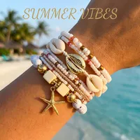 RINHOO Ensemble de bracelets tressés bohèmes en coquillages et perles pour femme, style plage, avec étoiles de mer et perles de riz, bijoux pour fêtes et vacances