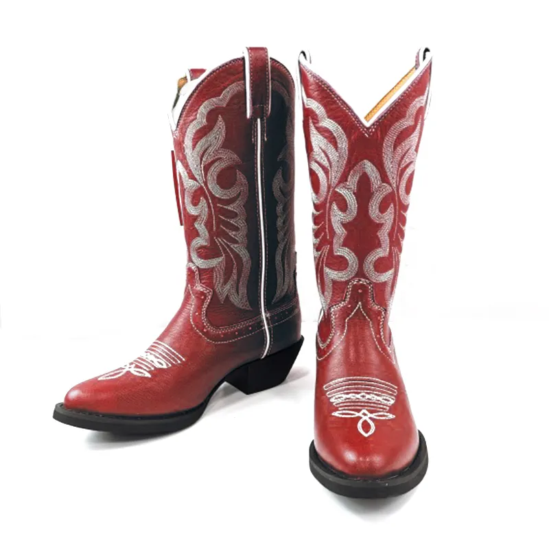 Botines de Cowboy para mujer, botas de estilo occidental con puntera puntiaguda bordada, gruesas, clásicas, Rojas