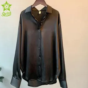 Free Sample OEM/ODM Vintage Women Satin Shirt Blouses Tops Turn Down Collar Long Sleeve Button Blusa Para Mujer Trending Loose