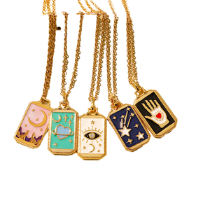 Chaîne à maillons vintage en acier inoxydable avec pendentif carré coloré à l'huile, plaqué or 18 carats, motif étoile, lune, soleil, mauvais œil, pour femmes - Product Image 2