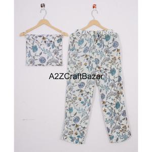 Conjunto de pijama de algodón 100% para mujer, camisón cómodo con estampado Floral azul, pantalones de manga larga, cintura elástica, ropa de dormir personalizada para - Product Image 3