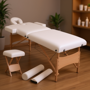 Mesa de masaje plegable blanca con taburete, esponja de alta densidad de 3,9 pulgadas de grosor, marco de madera, reposacabezas incorporado, diseño minimalista - Product Image 2
