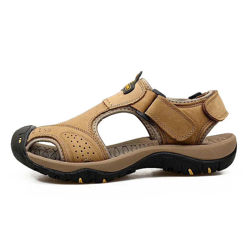 High quality retro summer hiking shoes classic breathable sole rugged lining flat closed toe genuine leather sandals for men