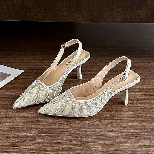 Talons Women Beige Satin Rhinestone Pearl Pointed Toe Slingback Kitten Heels Pumps