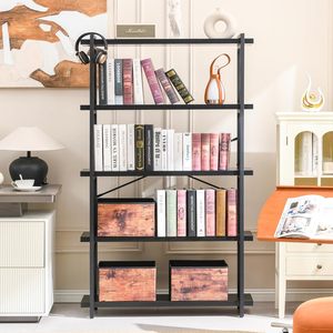 5-Tier Black Industrial Metal Bookcase Freestanding <b>Tall</b> Open Bookshelf for Living Room Bathroom Storage <b>Shelves</b> <b>Units</b> - Product Image 2