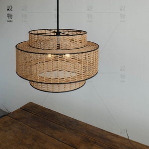 Lustre rond en rotin fait à la main, luminaire suspendu LED à trois têtes E27, pour salle à manger, salon, chambre à coucher, salon de thé, Style Zen - Product Image 2
