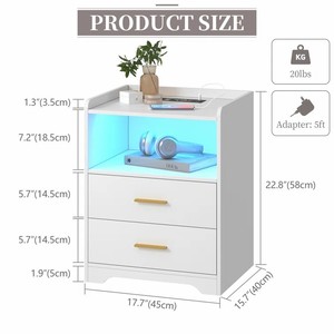 1 Piece Charging Wood Night Stand Dresser Set <strong>White</strong> Drawer <strong>Bedside</strong> Quality 2 Drawers Nightstand Table With Led Lights and Outlet - Product Image 5