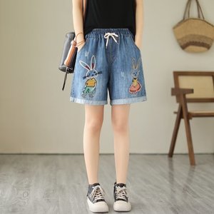 Pantalones cortos de pierna ancha con estampado de dibujos animados divertidos de estilo étnico para mujer, pantalones vaqueros enrollados con cintura elástica, pantalones cortos Y2k, pantalones cortos de mezclilla holgados - Product Image 3