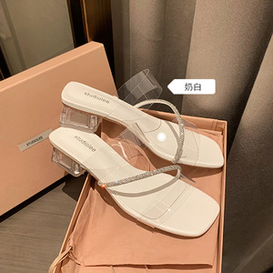 Sandali Trasparenti in PVC con Strass, Punta Quadrata, <span class=keywords><strong>Tacco</strong></span> Spesso in Cristallo, Nuova Moda Estiva, <span class=keywords><strong>Scarpe</strong></span> con <span class=keywords><strong>Tacco</strong></span> Alto da Donna - Product Image 1