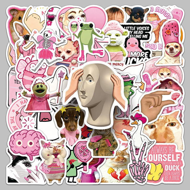 50 Sheets Factory Wholesale Funny Pink Meme Cartoon Sticker Pack for Toys, Stationery & Kids Room Decor