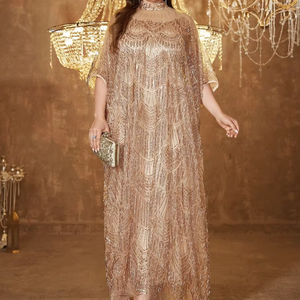 <span class=keywords><strong>Robe</strong></span> de soirée élégante et chic pour femme grande taille, col montant, manches longues, patchwork de sequins, satin, coupe ample, maxi, couleur unie - Product Image 1