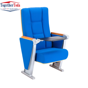 Tablette d'écriture pliable avec accoudoirs métalliques, chaise d'auditorium bleue rembourrée pour utilisation en salle de cinéma, en classe ou en conférence - Product Image 1