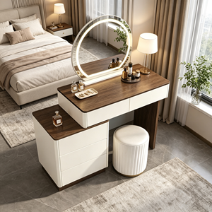 Tocador de maquillaje moderno blanco con espejo LED redondo, gabinete de almacenamiento y taburete para dormitorio. - Product Image 6