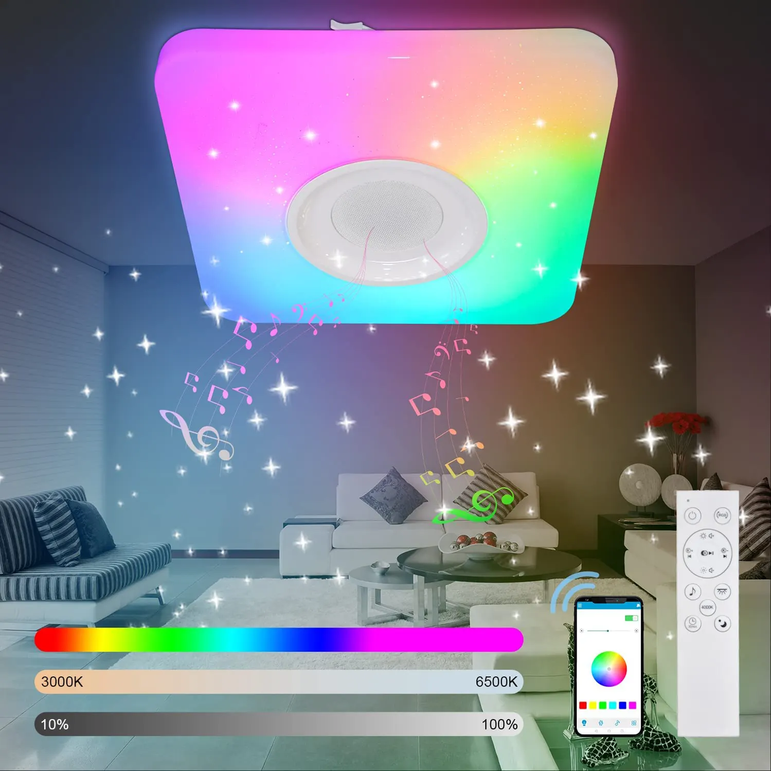 Music Rgb Star Decorative Dimmable Luxury Square Modern Bedroom Home Flush Mount Bathroom Led Ceiling Light