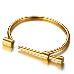 Grosir gelang Mobius lapisan emas IP gelang berbentuk D baja tahan karat dipoles tinggi untuk pria dan wanita