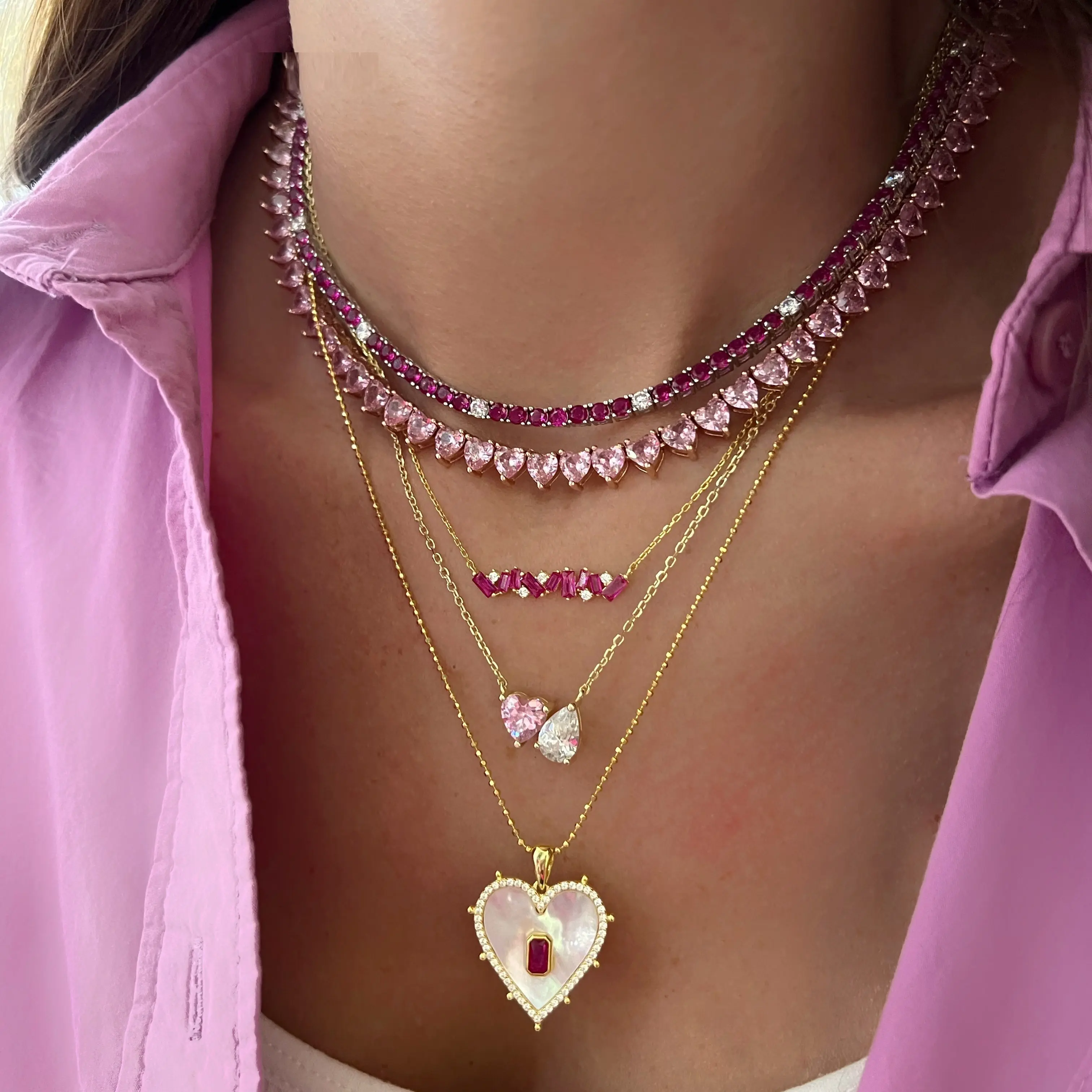 Cubic zirconia white pink ice out bling cz heart tennis chain necklace for women