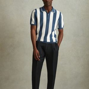 Personnalisé Hommes Mode <span class=keywords><strong>Maille</strong></span> Évider Tricot <span class=keywords><strong>Pull</strong></span> À Manches Courtes Large Rayé <span class=keywords><strong>Homme</strong></span> 1/4 Zip Hommes Crochet Polo T Shirt Chandail Tricoté - Product Image 2