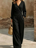 Ensemble tendance automne deux pièces pour femme LWC035, haut à col en V noué et pantalon large, tenue décontractée pour les vacances