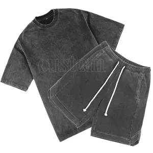 custom 2 t shirt shorts set hip hop unisex oversized design vintage acid wash t shirt and shorts set for men