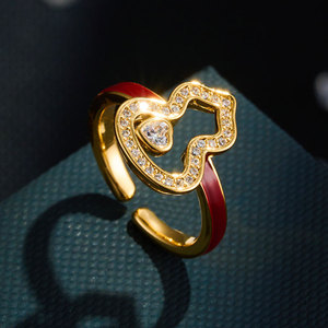 Heart Shape Red Enamel Gold Plated <b>Adjustable</b> <b>Ring</b> With Zircon Inlay For Women Gift Jewelry - Product Image 1