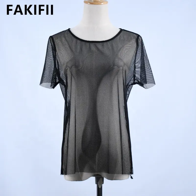 A Summer Wholesale Tops Solid Black Sheer Mesh Ladies' Blouses O-neck Sexy Women's Blouses
