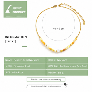 Collier de perles en acier inoxydable plaqué or 14 carats, aventurine rouge, fausse perle, chaîne réglable - Product Image 2