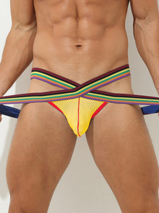 Slip perizoma da uomo in rete con fascia incrociata arcobaleno, sacchetto a U, traspirante, a vita bassa, sexy, all'ingrosso - Product Image 3