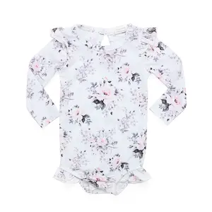 flower pattern baby garments swimsuit flutter sleeves ruffles bottom with buttons girls swimwear