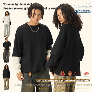 Men's Casual Two-Piece Contrast Long Sleeve T-Shirt American Spliced Solid Pattern 280G <strong>Cotton</strong> Short Width Box Cross-Border <strong>Wear</strong> - Product Image 1