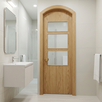 Porte en PVC pressé sous vide avec arche en bois et verre, verre strié pour salle de bain, porte intérieure moderne avec panneau strié givré