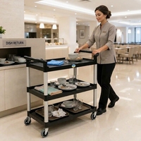 Chariot de service hôtelier noir 2026 à trois niveaux, OEM, réglable, en PP+aluminium, roues silencieuses, capacité 150 lb, usage polyvalent