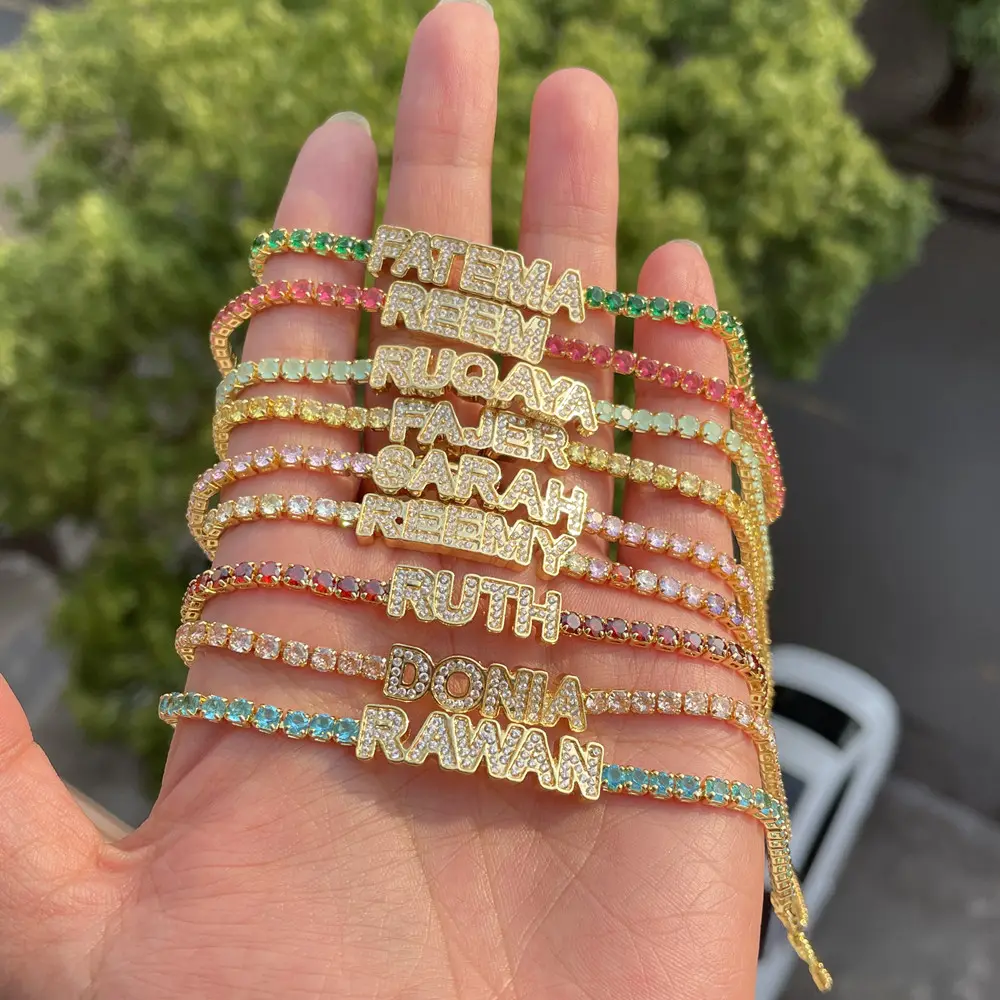 Qiuhan OEM Armband Copper Letter Colorful Zircon Tennis Chain Custom Name Bracelet