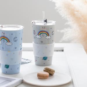 แก้วกาแฟเซรามิคลายการ์ตูนรุ้งพร้อมหลอดดูด แก้วน้ำน่ารักสำหรับสาวๆ ขายส่ง - Product Image 4