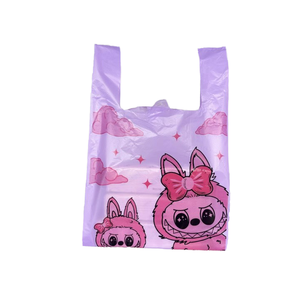 ถุงเสื้อยืด PE รีไซเคิลได้ ขายส่งจากโรงงาน พิมพ์ลายกราเวียร์ ลายการ์ตูนเล็กๆ หูหิ้วแบบสะพาย ขายดี - Product Image 3