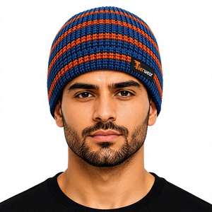 Bonnet en tricot pour homme, rayé bleu orange, chaud et décontracté pour l'hiver, 100% acrylique, fait main pour adultes, respirant, unisexe - Product Image 1