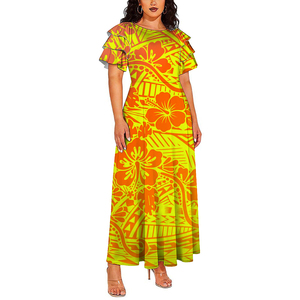 <span class=keywords><strong>Vestido</strong></span> de <span class=keywords><strong>Fiesta</strong></span> de Verano con Estampado Polinesio, Silueta de Sirena, Largo hasta el Suelo, de Seda de Leche Ecológica, Transpirable y Antiarrugas, con Mangas Cortas - Product Image 1