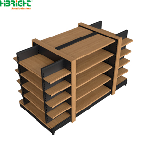 Wood Grain Retail Supermarket <b>Shelves</b> Gondola <b>Rack</b> Metal Free Standing Store Display Shelving for Grocery Store - Product Image 1