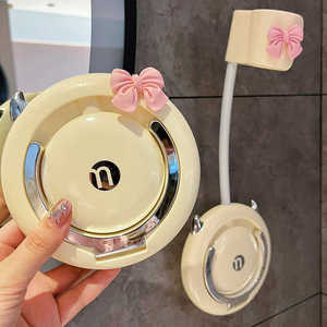 Cream Colored Hair Dryer Holder Wall Mounted Punch Free Round Chrome Finish Bathroom Storage Rack - Product Image 1
