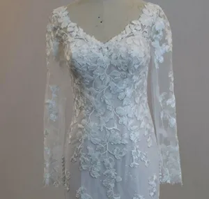 Vestido de novia de manga larga de encaje atractivo Apliques Cuello en V Vestido de novia de sirena con botón de ilusión en 2024